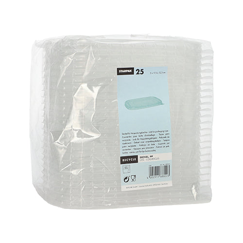 A pack of 25 rectangular, transparent Starpak PP lids for packaging cups (1 x 17.3 x 12.3 cm) is wrapped in plastic and has a blue and white label on the front with product and recycling information.