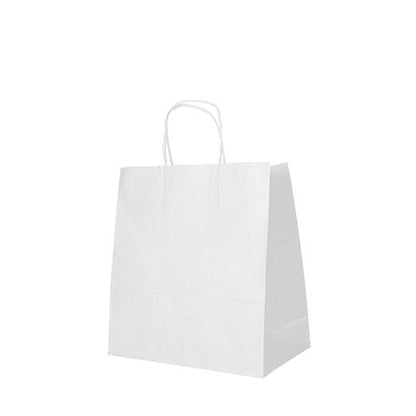 A PAPSTAR 25 paper carrier bags with twisted handles from PAPSTAR GmbH stands upright on a white surface. The angled sides of the plain white bag emphasize its simple, practical design and eco-friendly paper construction.