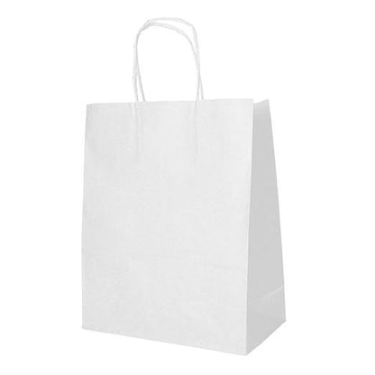 A simple white PAPSTAR 25 carrier bags, paper with twisted handle from PAPSTAR GmbH stands upright against a white background. The paper bag is empty and unbranded.