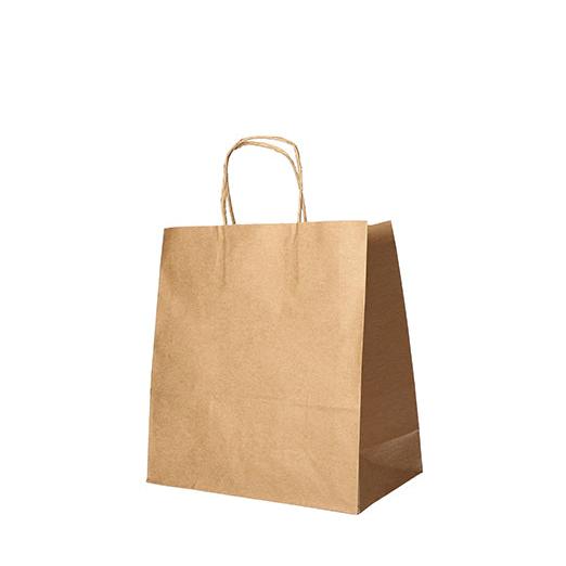 The PAPSTAR 25 carrier bags made of brown paper with twisted handle from PAPSTAR GmbH stand upright against a white background.