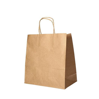 A pack of 25 paper shopping bags with twisted handles from PAPSTAR GmbH stands upright on a white surface.