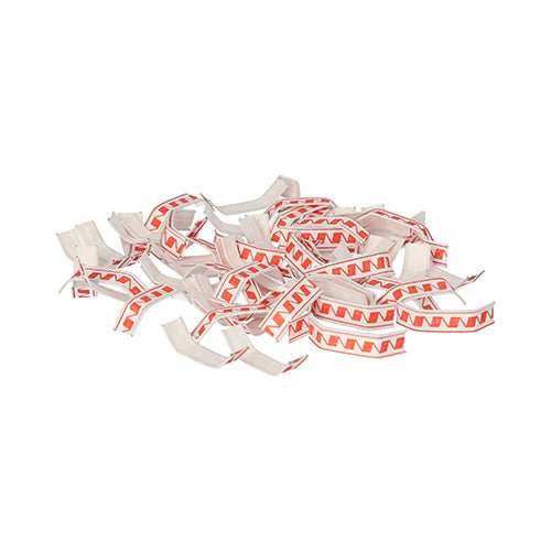 A stack of Starpak 1000 closure clips made of wire-reinforced paper in red and white (3.3 x 0.8 x 0.1 cm) resembles broken fortune cookie slips with its zigzag pattern and is shown isolated against a white background.