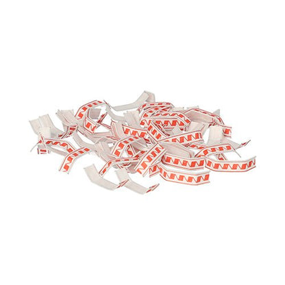 A stack of Starpak 1000 closure clips made of wire-reinforced paper in red and white (3.3 x 0.8 x 0.1 cm) resembles broken fortune cookie slips with its zigzag pattern and is shown isolated against a white background.