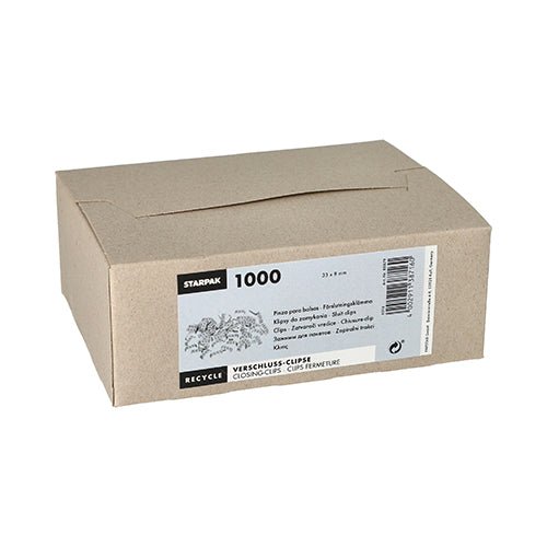 A closed Starpak folding box is shown on a white background with the inscription “Starpak 1000 Closure Clips, wire-reinforced paper 3.3 x 0.8 x 0.1 cm red/white (1,000 pieces),” along with recycling information and multilingual details.