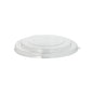The Starpak 50 lid for salad bowls, round, clear, 2 cm height, PET is a clear, flat plastic lid with a slightly raised center and small tab for easy removal, suitable for round salad bowls.