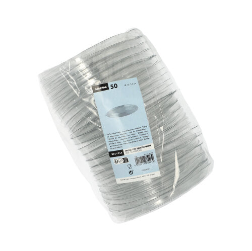 A pack of 50 round, transparent PET lids (2 cm high) for salad bowls from Starpak, wrapped in plastic and featuring a label on the front indicating the Starpak brand, quantity, and usage instructions.