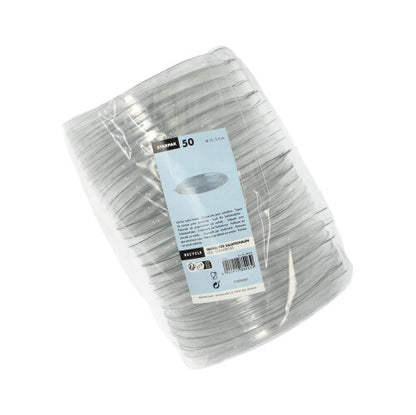 A pack of 50 round, transparent PET lids (2 cm high) for salad bowls from Starpak, wrapped in plastic and featuring a label on the front indicating the Starpak brand, quantity, and usage instructions.