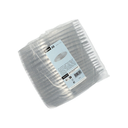 A stack of 50 transparent, round lids (2 cm high) made of durable PET from Starpak is packed together and wrapped in plastic, with a white label featuring product details and a barcode on the packaging.