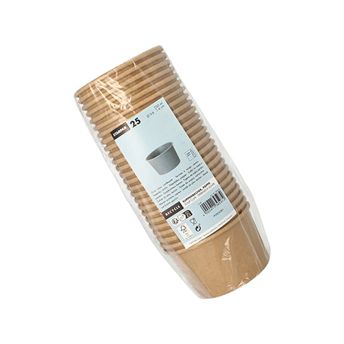 A pack of 25 Starpak soup cups made of brown cardboard (230 ml, round Ø 9.8 cm, height 6 cm) is wrapped in foil and carries a white-blue label with product information and an image of a single cup.