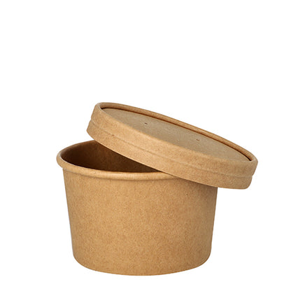 The Starpak 25 soup cups made of brown, unbleached cardboard (230 ml, Ø 9.8 cm, 6 cm) with a matching lid are environmentally friendly and are presented against a white background.