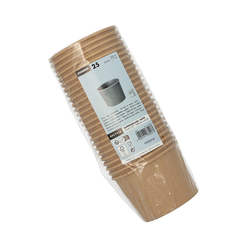 A pack of 25 Starpak soup cups made of brown cardboard (350 ml, Ø 9.8 cm, H 7 cm), plastic-wrapped. The label shows a cup with brand information and usage instructions; the stacked cups in front of a white background.