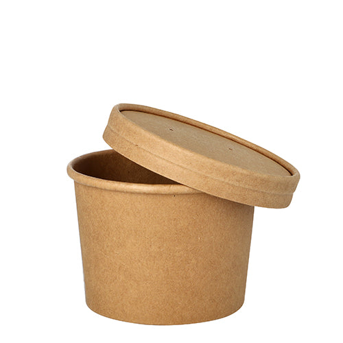A Starpak soup cup made of brown cardboard (round, 350 ml, Ø 9.8 x 7 cm), with a matching lid, slightly tilted at the edge of the open, eco-friendly cup (packaging: 25 pieces), in front of a white background.