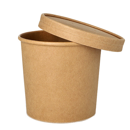 The Starpak 25 soup cup, round cardboard Ø 11.5 cm in brown with a matching lid is partially open on the container, ideal for enjoying soups on the go or to-go meals, all against a clean white background.