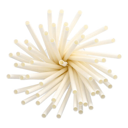 Ein Cluster von PAPSTAR Shake-Halme Papier Ø 8 mm, 25 cm (135 Stück) der PAPSTAR GmbH ist in einem kreisförmigen, strahlenförmigen Muster angeordnet und von oben auf einem weißen Hintergrund betrachtet.