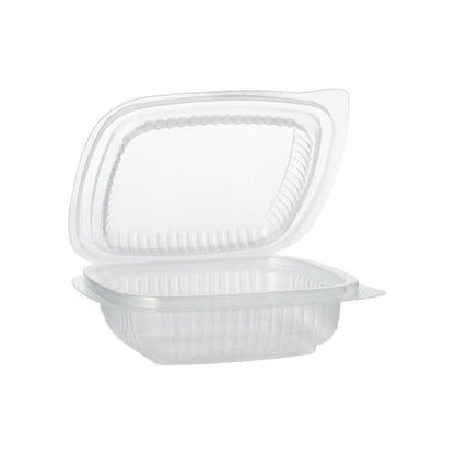 A Starpak 100 packaging cup with hinged lids, rectangular and transparent made of PP, is seen half-open against a white background.