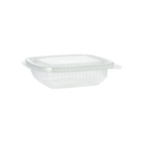 The Starpak 100 packaging cup with hinged lids, PP rectangular, transparent, is depicted from the side against a white background. This empty rectangular Starpak container features ribbed sides and a secure hinged lid.
