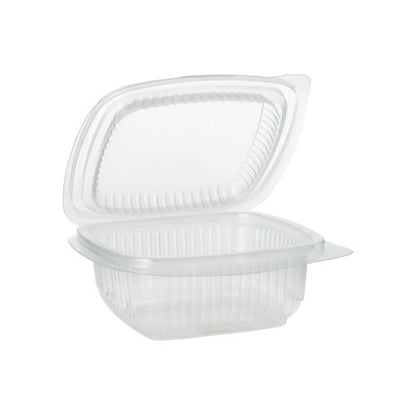 The Starpak 100 packaging cups with hinged lids, PP rectangular, transparent from Starpak are open and empty depicted against a white background.