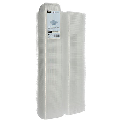 A pack of 100 transparent, rectangular Starpak packaging cups made of PP with hinged lids stands upright. A Starpak label on the top shows details about these versatile cups and their quantity.