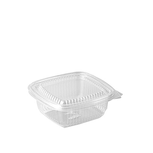 The Starpak 100 packaging cup with hinged lids is a transparent, rectangular take-away container made of polypropylene, depicted closed against a plain white background.