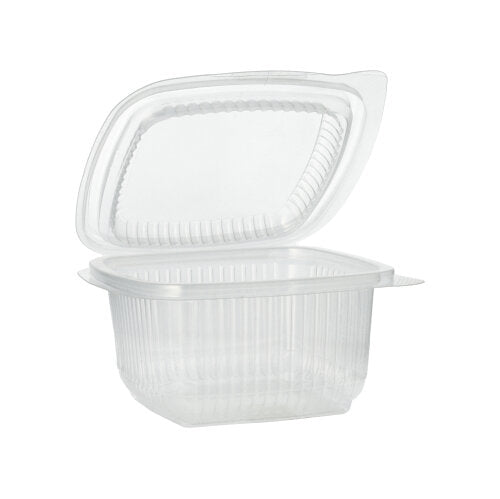 The Starpak 100 packaging cup with hinged lids, PP rectangular, transparent is open and empty depicted against a plain white background.