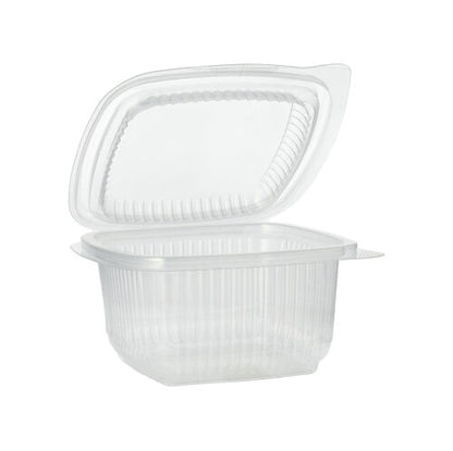 The Starpak 100 packaging cup with hinged lids, PP rectangular, transparent is open and empty depicted against a plain white background.