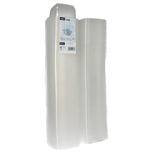 Two stacks of Starpak 100 packaging cups with hinged lids, PP rectangular, transparent are depicted side by side. Each has a grid-like structure, and a product label is attached to the top of one stack. Brand: Starpak.