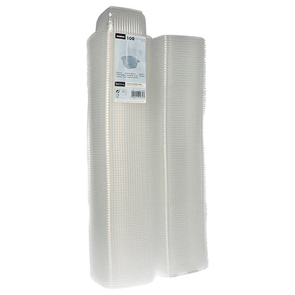 Two stacks of Starpak 100 packaging cups with hinged lids, PP rectangular, transparent are depicted side by side. Each has a grid-like structure, and a product label is attached to the top of one stack. Brand: Starpak.