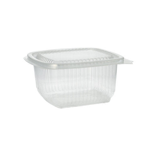 The Starpak 100 packaging cup with hinged lids, a transparent, rectangular polypropylene cup from the Starpak brand, is depicted against a white background.