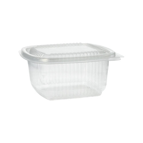 A transparent, rectangular Starpak 100 packaging cup with hinged lids (PP) is closed and empty depicted against a plain white background.