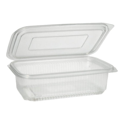 A transparent, rectangular Starpak 50 packaging cup with hinged lids from Starpak is open and empty and is shown against a plain white background.