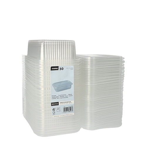 On a white background is a stack of clear, rectangular Starpak 50 packaging cups with hinged lids, PP transparent, depicted. The front label identifies the 50-pack of the Starpak brand.