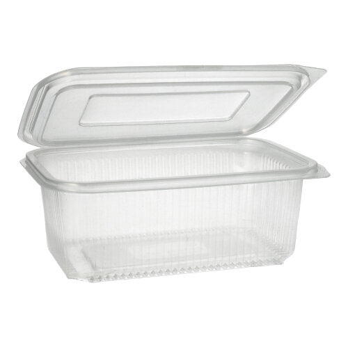 The Starpak 50 packaging cup with hinged lids is a transparent, rectangular PP container with a ribbed structure and hinged lid, ideal for the safe storage of food.