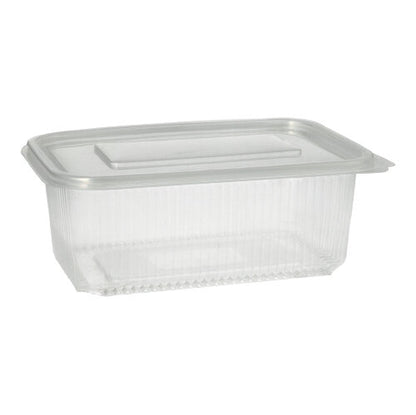 The Starpak 50 packaging cup with hinged lids, PP transparent rectangular, is shown empty on a white background. This clear rectangular container with ribbed sides and matching lid is perfect for storing or presenting various foods.