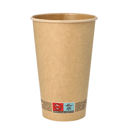 A brown PAPSTAR 50 drinking cup, cardboard 0.4 l, from PAPSTAR GmbH, with a small label with warning symbols and text at the bottom edge, depicted on a white background.
