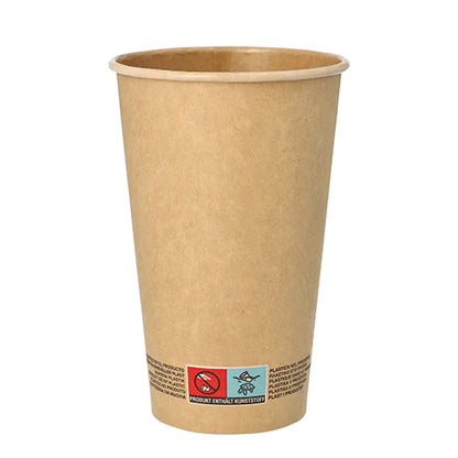 A brown PAPSTAR 50 drinking cup, cardboard 0.4 l, from PAPSTAR GmbH, with a small label with warning symbols and text at the bottom edge, depicted on a white background.