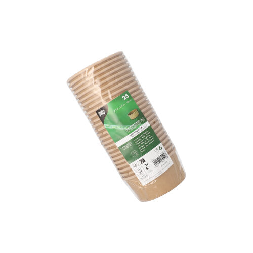 A stack of 25 brown PAPSTAR round soup cups, 180 ml, made of cardboard with foil coating from PAPSTAR GmbH, in plastic packaging with a green label.