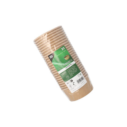 A stack of 25 brown PAPSTAR round soup cups, 180 ml, made of cardboard with foil coating from PAPSTAR GmbH, in plastic packaging with a green label.