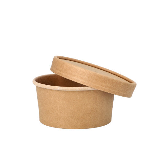 The PAPSTAR round soup cup, 180 ml, brown with foil layer and matching kraft paper lid stands at an angle on a white background. Set of 25 pieces from PAPSTAR GmbH - ideal for soups.