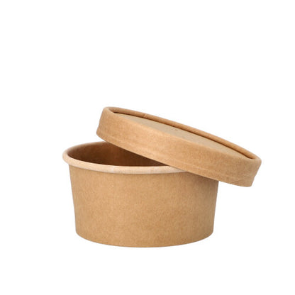 The PAPSTAR round soup cup, 180 ml, brown with foil layer and matching kraft paper lid stands at an angle on a white background. Set of 25 pieces from PAPSTAR GmbH - ideal for soups.