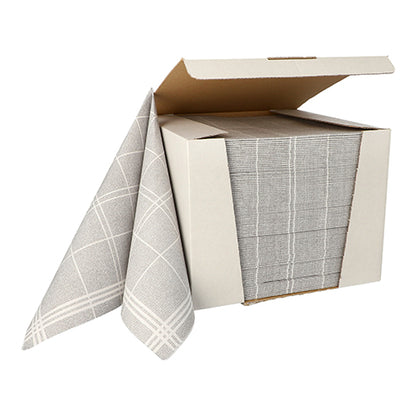 In an open cardboard box, there is a stack of PAPSTAR 100 napkins "ROYAL Collection" 1/4-fold 40x40 cm from PAPSTAR GmbH in gray with a white checkered pattern; one napkin is partially pulled out.