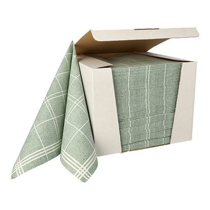 In an open box, there is a stack of PAPSTAR 100 napkins "ROYAL Collection" 1/4-fold (40x40 cm) from PAPSTAR GmbH, green with a white checkered pattern. A high-quality napkin is partially pulled out and laid sideways over the box.