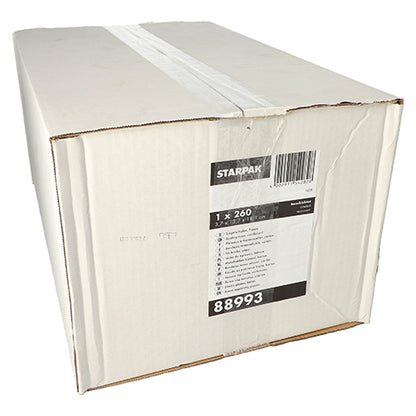 A simple, large cardboard box with a white label shows the brand 'Starpak', barcode, product information, and item 88993. Securely sealed with white tape, it contains 260 Starpak sealing trays cardboard rectangular 530 ml (13.7x18.1x3.7 cm) in white for food packaging.