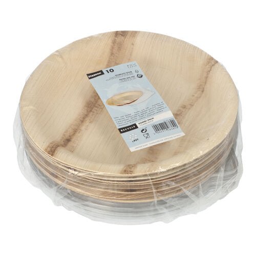 A stack of round, light Starpak palm leaf disposable plates (Ø 23 cm, 500 ml, with rPET lid), combo pack in shrink wrap (10 pieces), with white product label on top.