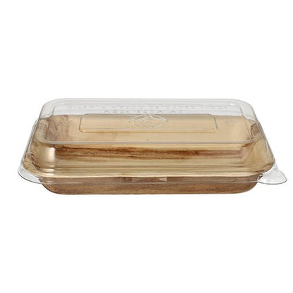 The Starpak 10 Bowls, Palm Leaf with rPET Lid 'Combo Pack' by Starpak is shown closed, featuring a transparent, flip-open lid made of recycled PET and holds a single rectangular piece of cake or dessert inside.