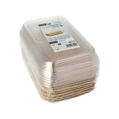 A stack of Starpak 10 Bowls, Palm Leaf with rPET Lid 'Combo Pack' disposable bowls is packed together and wrapped in plastic film on a plain white background. A product label of the Starpak brand is visible on top.