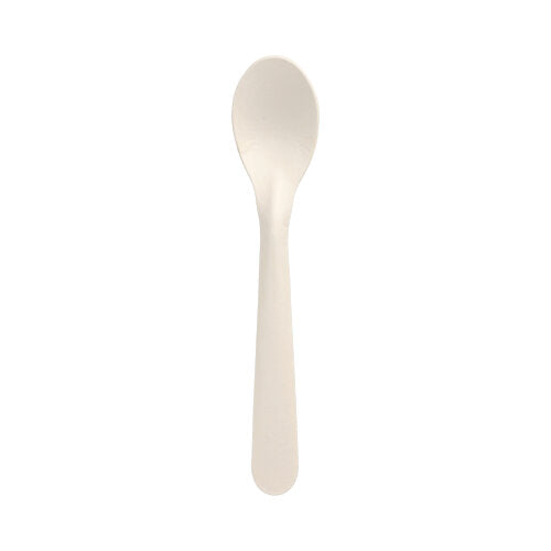 On a white background is a PAPSTAR paper spoon from the 50-pack "pure" (17.6 cm, white) by PAPSTAR GmbH depicted with the front side up - a sustainable paper alternative to plastic cutlery.