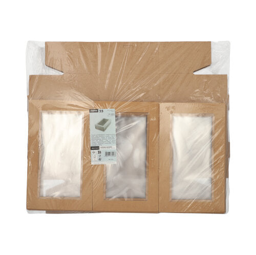 A flat package with 25 Starpak transport and catering boxes, square brown made of cardboard with a separate lid and PET window, wrapped in plastic. Product label on the front - practical packaging solution for catering and transport.