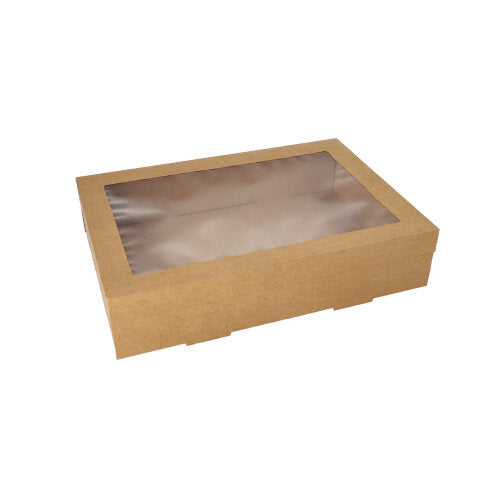 The Starpak 10 transport and catering box made of rectangular brown cardboard with a separate lid and PET viewing window is placed on a white background.