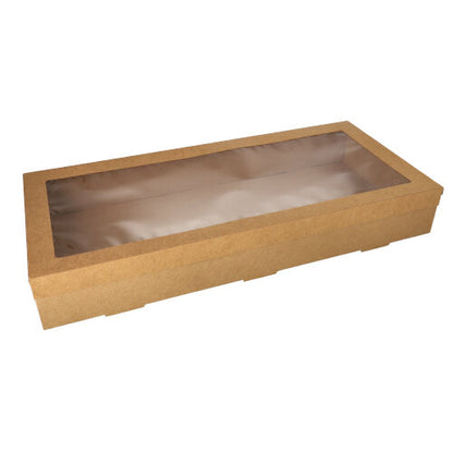 The Starpak 10 transport and catering box made of sturdy, rectangular brown cardboard with a separate lid and PET viewing window is placed on a white background. The Starpak brand box is empty.