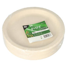 A stack of 50 round white PAPSTAR "pure" plates made from agricultural residues, wrapped in plastic and labeled with a green sticker showing the brand of PAPSTAR GmbH and symbols for bio-based, environmentally friendly, and compostable.